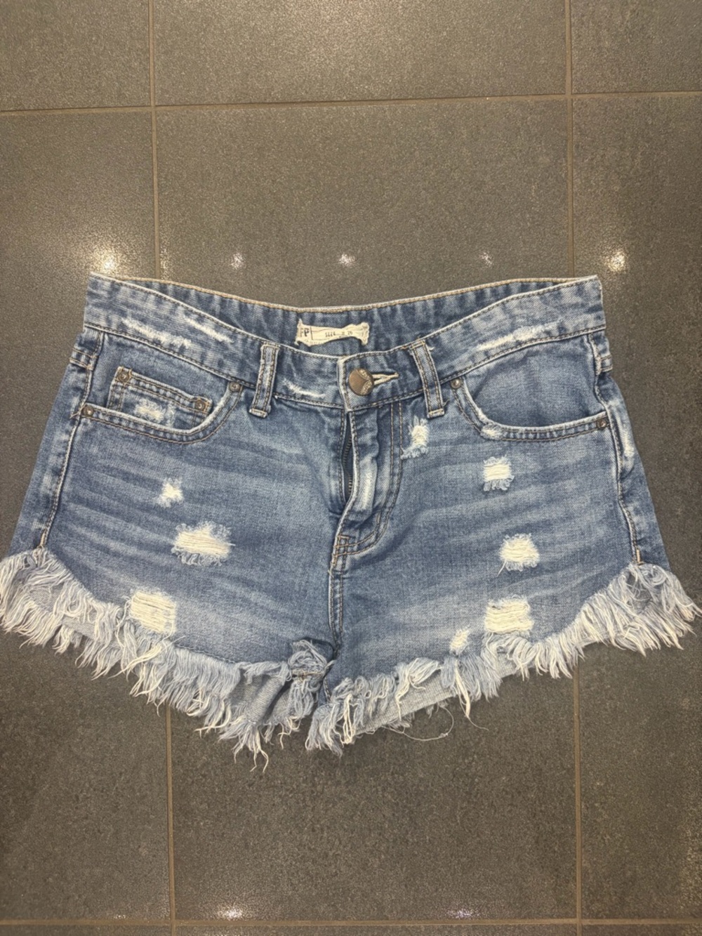 Free People Distressed Light Blue Denim Fringe Hem Women's Shorts